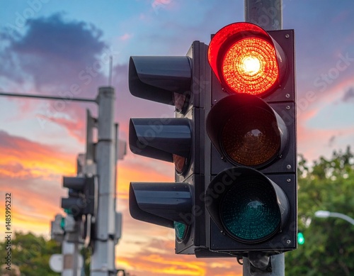 A vivid red light pierces the dusky sky as evening falls over a bustling city intersection