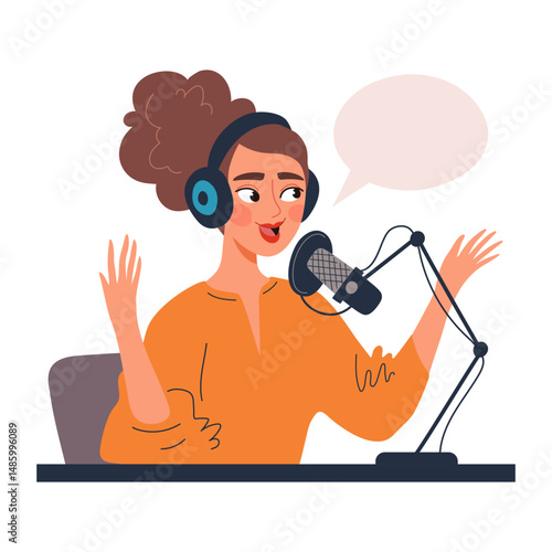 A cheerful woman wearing headphones is speaking into a professional microphone while recording a podcast. She gestures expressively, sitting at a desk with a speech bubble. Flat vector illustration
