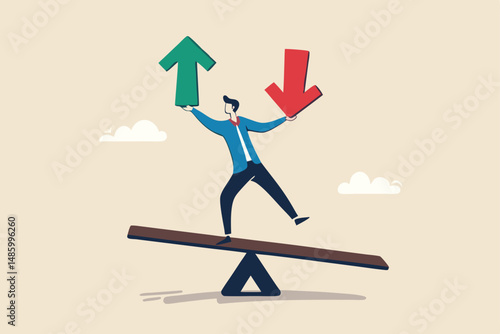 Loss and gain on investment, earning, profit or lose money from stock or crypto trade, financial green and red arrow chart concept, businessman investor balance on seesaw holding loss and gain arrow.