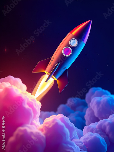 3d illustration rocket space colorful holographic in dark background for Business start up and science concept