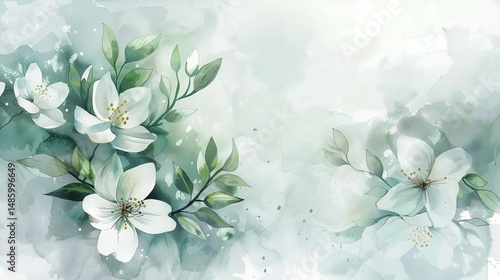 Two white flowers with yellow centers, set against a soft watercolor background, exude natural beauty and tranquility.