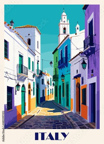 Italy travel destination poster in retro style. Colorful vector art illustration