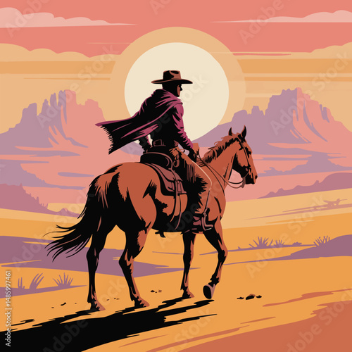 A stylized illustration of a lone cowboy riding a horse through a vast desert at sunset, soft pastel colors, wide-brimmed hat, flowing coat, dramatic shadows, minimalistic mountains in the background,