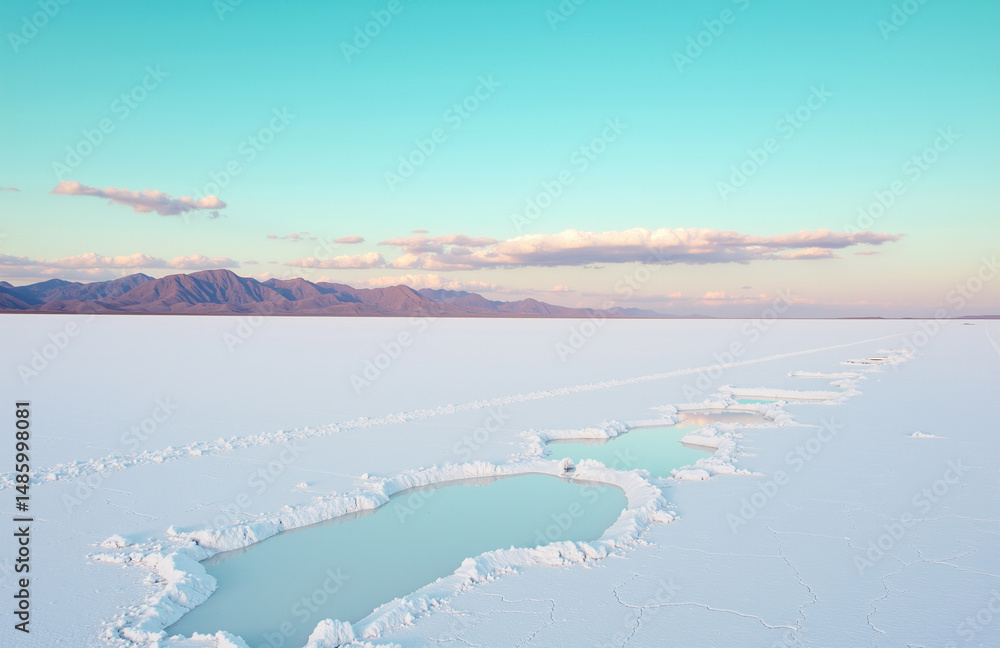 Fototapeta premium Pastel turquoise sunrise salt flat.