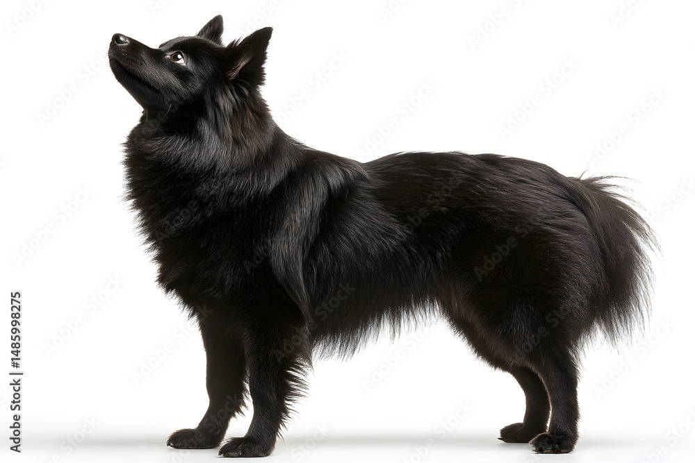 Obraz premium Fluffy black dog stands gracefully, looking upwards with curiosity in a bright, neutral environment