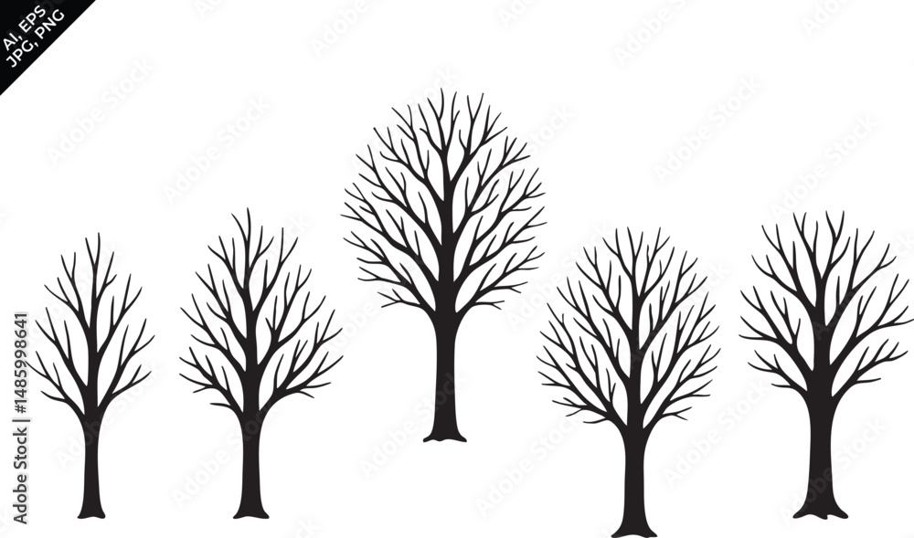 Obraz premium stylized black silhouettes of leafless trees with intricate branches on white background 