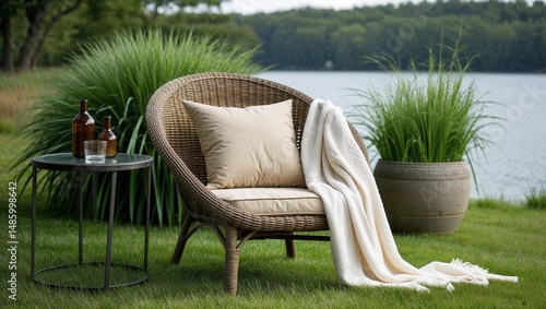 A wicker chair with pillow and blanket near a table with bottles and a lake in the background