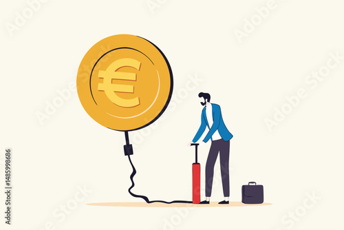 Inflation in Europe causing by energy shortage, interest rate policy to reduce inflation, Euro recession or money devaluation concept, businessman inflate air pump into floating Euro money coin.