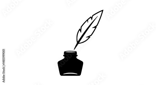 Feather quill pen in inkwell container black and white icon