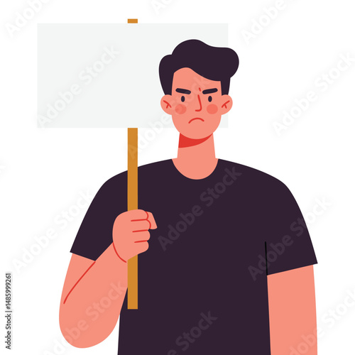 Young Man with Angry Expression Holding Blank Protest Sign at Demonstration Event