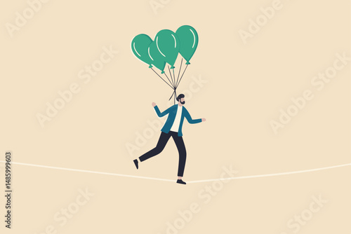 Risk management control or assessment on uncertainty, plan to survive in crisis or danger situation, reduce loss or disaster concept, businessman acrobat walk on the rope with balloons to reduce risk.