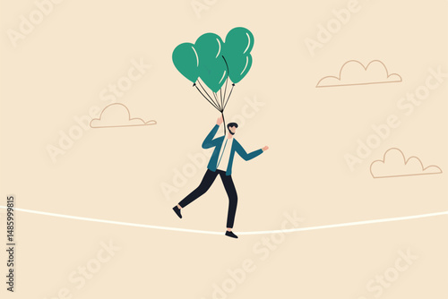 Risk management control or assessment on uncertainty, plan to survive in crisis or danger situation, reduce loss or disaster concept, businessman acrobat walk on the rope with balloons to reduce risk.
