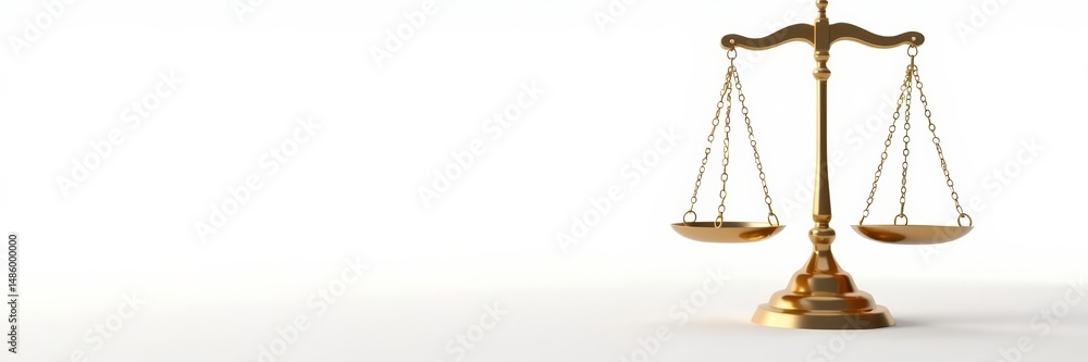 Golden scales of justice isolated on white background, impartiality, gold, symbol Golden scales of justice isolated on white background, impartiality, gold, symbol