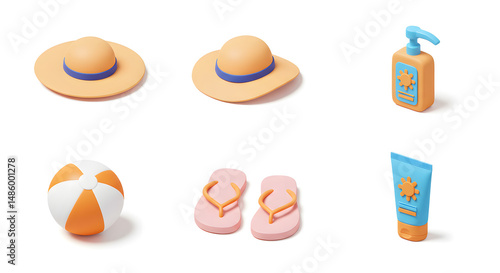 Arrangement of Summer Vacation Items Including Hats, Ball and Sunscreen
