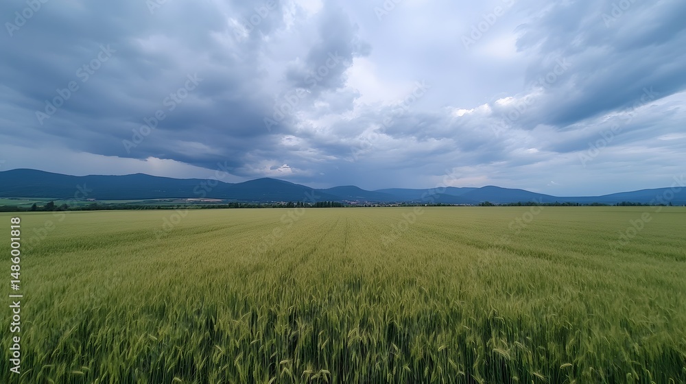 A vast barley field stretching to the horizon under stormy clouds A vast barley field stretching to the horizon under stormy clouds