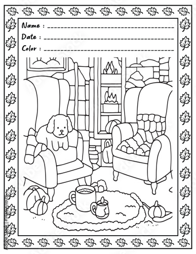 Bold and Easy Cozy Nooks Coloring Book for Adults and Kid.  
High resolution (300 DPI), 
Ready to print on standard 8.5x11-(A4) inch paper With (No Bleed), 
Black and White. 
Vector illustration 