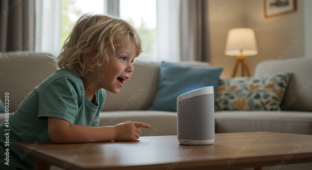 A happy boy points at a smart speaker, indicating he is enjoying the interaction with the device at home. A happy boy points at a smart speaker, indicating he is enjoying the interaction with the device at home.