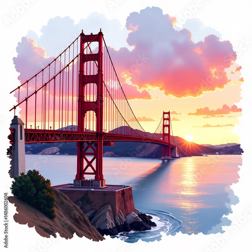 Golden Gate Bridge Watercolor Sunset Glow