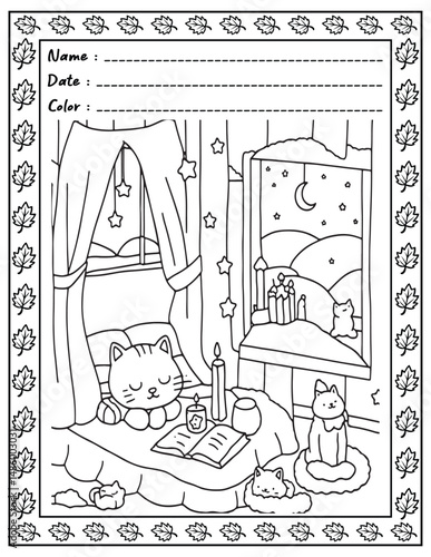 Bold and Easy Cozy Nooks Coloring Book for Adults and Kid.  
High resolution (300 DPI), 
Ready to print on standard 8.5x11-(A4) inch paper With (No Bleed), 
Black and White. 
Vector illustration 
