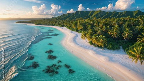 Fototapeta Naklejka Na Ścianę i Meble -  Aerial view of a pristine tropical beach with turquoise water, white sand, and lush palm trees. The idyllic scene is bathed in the warm light of sunrise or sunset.