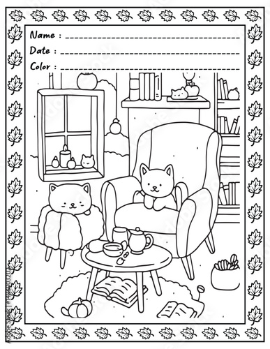 Bold and Easy Cozy Nooks Coloring Book for Adults and Kid.  
High resolution (300 DPI), 
Ready to print on standard 8.5x11-(A4) inch paper With (No Bleed), 
Black and White. 
Vector illustration 