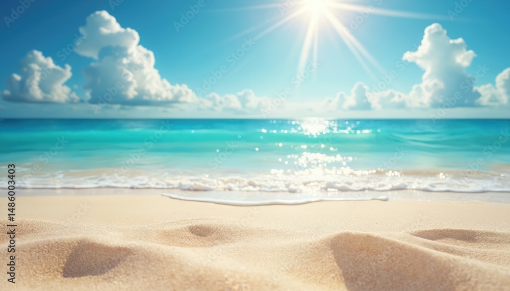 Obraz premium Illustration of tropical beach with sun rays over azure sea. White sand, water sparkles against blue sky. Summer vacation, travel theme. Paradise, relaxation, holiday, copy space, vacation, travel,