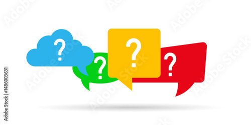 Colorful speech and cloud bubbles with question marks, symbolizing inquiry, FAQ, or customer support, isolated on a white background.