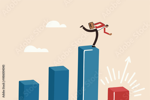 Next economic recession forecast or prediction, stock market decline or revenue decrease, low performance or GDP falling down concept, businessman investor look through telescope to see despair graph.