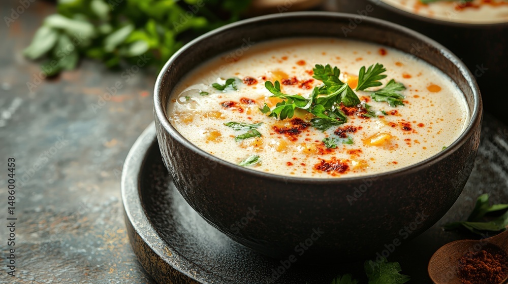 Hot creamy vegetable soup in a black bowl garnished with fresh herbs and red spice powder on a rustic surface with other ingredients in the background Hot creamy vegetable soup in a black bowl garnished with fresh herbs and red spice powder on a rustic surface with other ingredients in the background