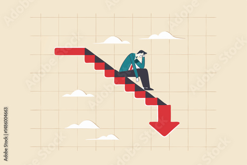 Capital loss or losing money from investment, stock market go down or decline, recession or economic slow down, stock market crisis concept, broke businessman investor on red decline graph and chart.