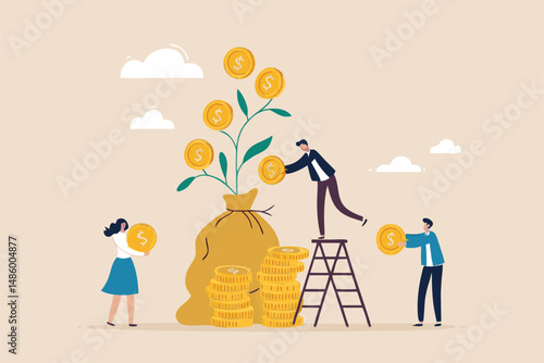 Mutual fund, investment growth or wealth management, financial profit or earning from stock market, savings and growing money concept, people put money on mutual fund with money growing sprout.