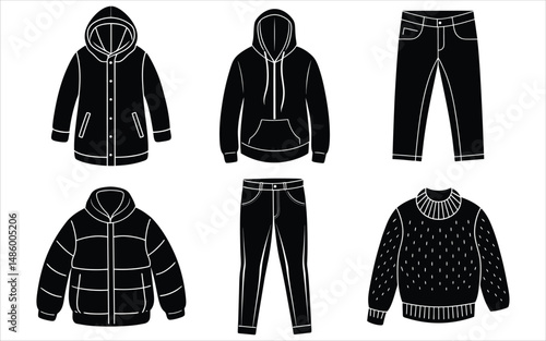 Vector illustration of a stylish clothing set featuring a dress, pants, jacket, and shirt silhouettes for a fashionable design collection