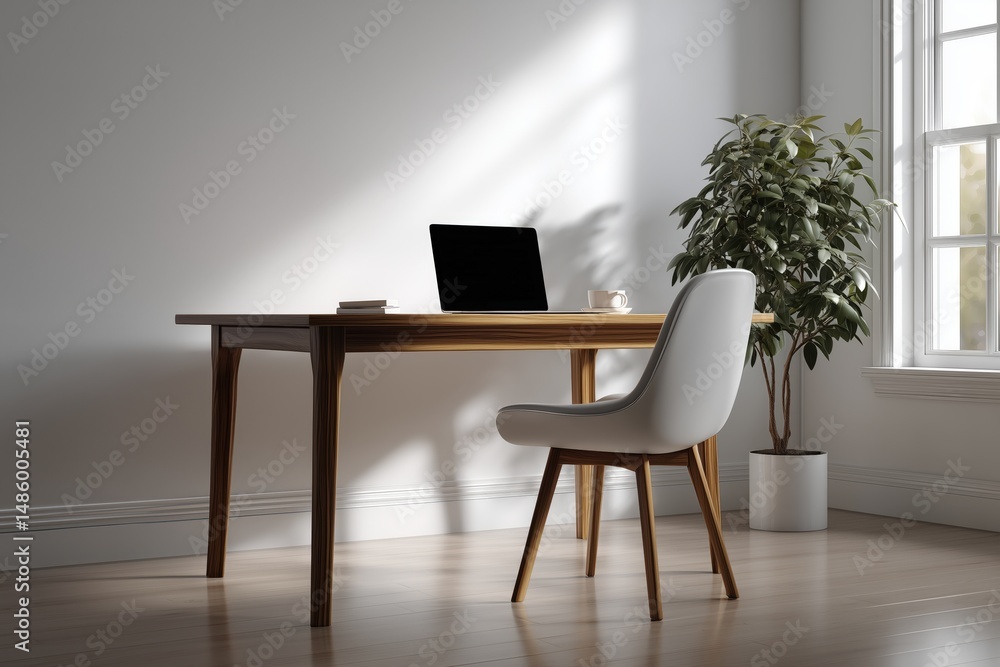 Fototapeta premium photo-realistic minimalist home office, wooden desk, modern chair, laptop, potted plant, soft natural light, white walls, clean and modern layout