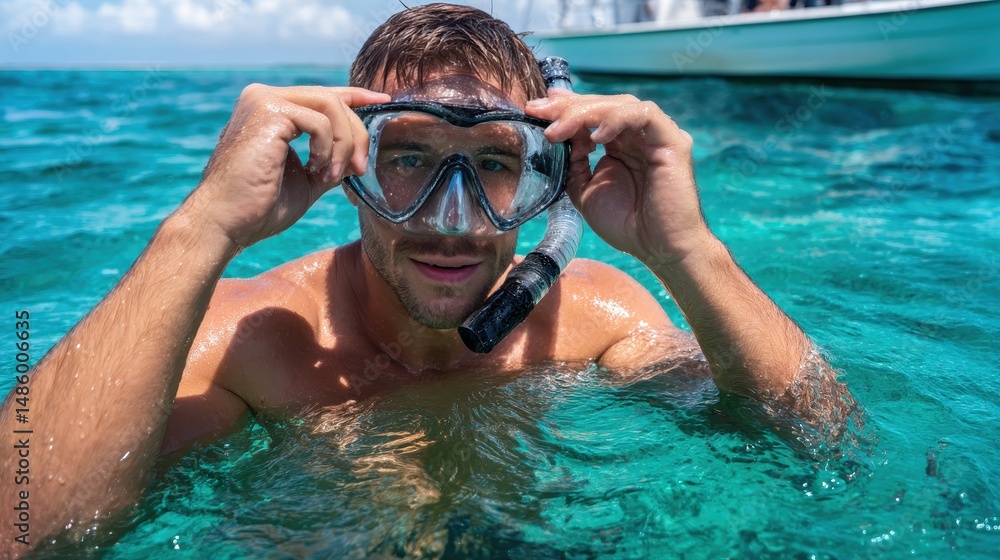 Fototapeta premium A young man preparing to snorkel in crystal-clear waters, ready for an underwater adventure