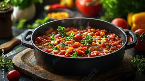 Freshly cooked vegetable and bean stew in a black cast iron pot with colorful fresh ingredients and herbs in a rustic kitchen setting perfect for healthy meal