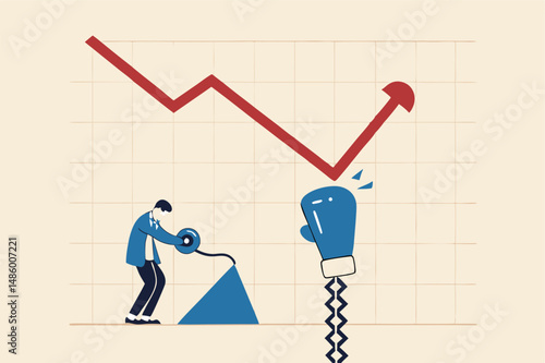 Game changer strategy to improve or rising up, stock market rebound or solution for economic recover from recession concept, businessman push switch to change direction from falling down to rising up.
