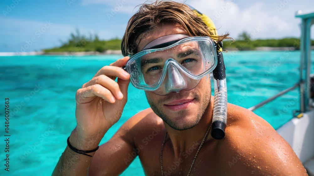 Naklejka premium A young man in snorkeling gear enjoying the vibrant blue waters of a tropical paradise