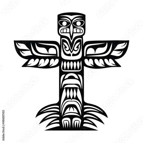 Intricate Black and White Totem Pole Illustration, Native American Tribal Art Symbol