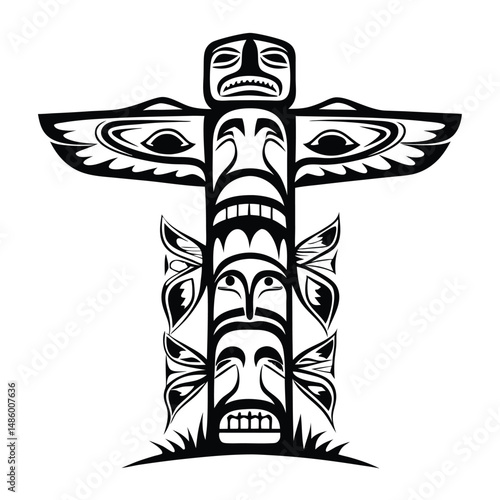 Haida Totem Pole Illustration, Tribal Indigenous Carving Motif, Black & White Design