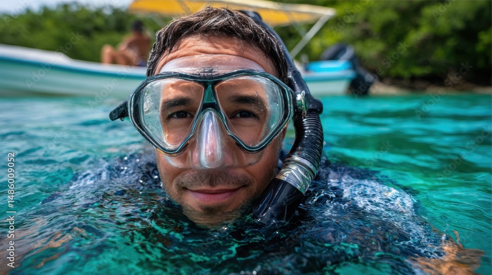 Fototapeta premium A joyful snorkeler enjoying crystal clear waters in a tropical paradise