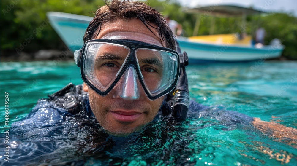 Fototapeta premium A diver enjoying a vibrant underwater adventure in crystal-clear waters, showcasing a serene marine environment
