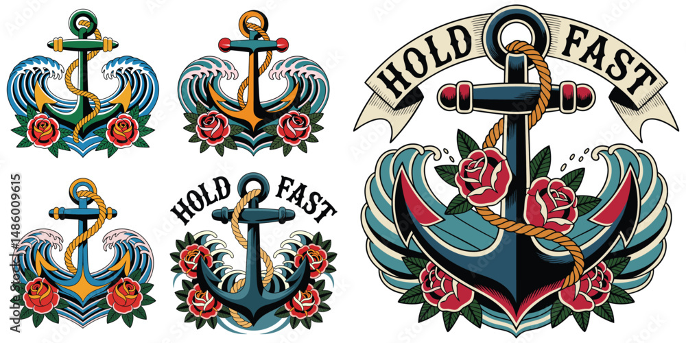 Classic tattoo style anchor designs featuring waves roses and a hold fast banner