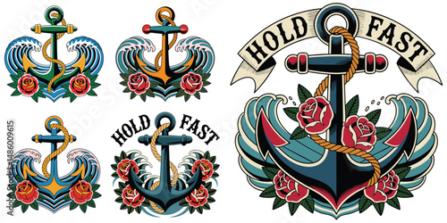 Classic tattoo style anchor designs featuring waves roses and a hold fast banner