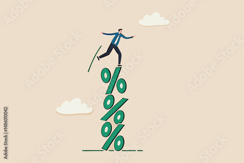 Risky interest rate hike causing business slow down or investment crisis, risk of economic recession, unstable financial or banking debt problem concept, businessman balance on percentage stack.