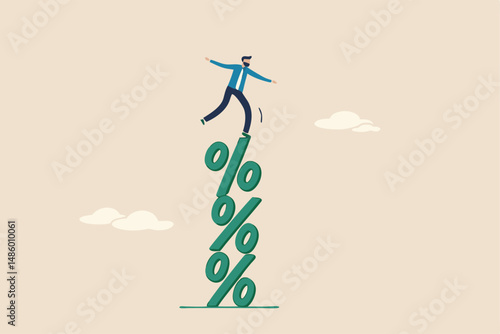 Risky interest rate hike causing business slow down or investment crisis, risk of economic recession, unstable financial or banking debt problem concept, businessman balance on percentage stack.