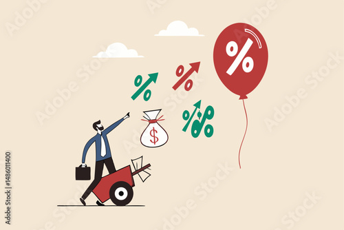 Inflation reduction act by FED, Federal Reserve and central bank to raise interest rate, monetary policy to control inflation, businessman banker shooting interest rate cannon at inflation balloon.