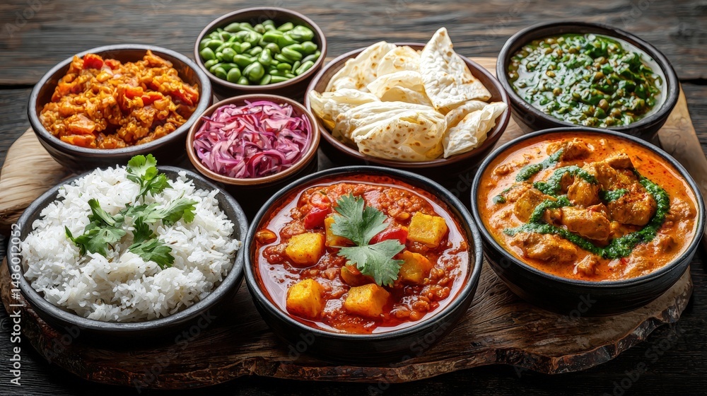 Assorted Indian cuisine dishes served in small bowls on rustic wooden table featu rice curry chutney naan and vibrant ingredients Assorted Indian cuisine dishes served in small bowls on rustic wooden table featu rice curry chutney naan and vibrant ingredients