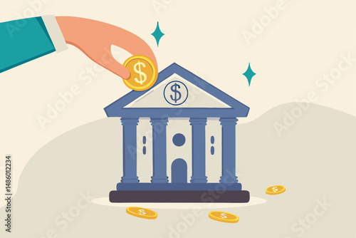Investment bank financial service to provide invest advisory, wealth management or loan for company, money growth or profit and earning concept, businessman hand put dollar coin on investment bank.