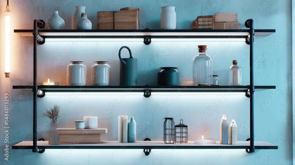Two-tiered industrial-style shelves with integrated LED lighting, showcasing an eclectic mix of home decor items, including vases, jars, candles, and wooden boxes, against a textured wall Two-tiered industrial-style shelves with integrated LED lighting, showcasing an eclectic mix of home decor items, including vases, jars, candles, and wooden boxes, against a textured wall