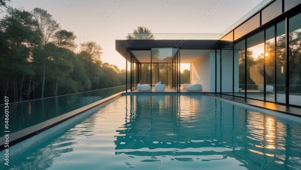 Obraz premium Stylish modern minimalist residence with a spacious pool that invites relaxation and leisure surrounded by clean lines and a sleek aesthetic in a beautiful outdoor environment